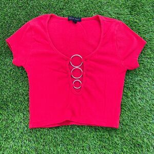 Faded Rose red ribbed crop top with cutout detail and silver rings (M)
